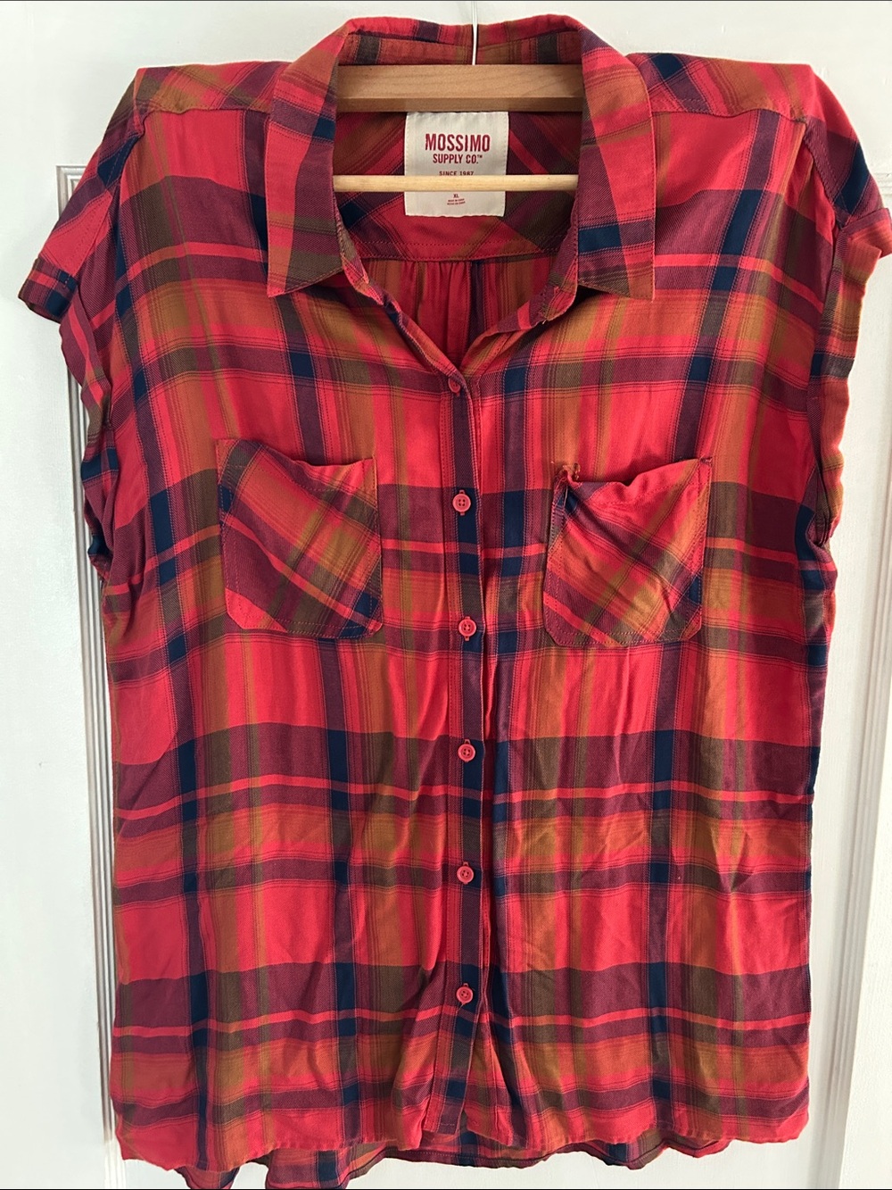 Mossimo Supply Co. Red Plaid Button-Down Shirt with Navy Accents
